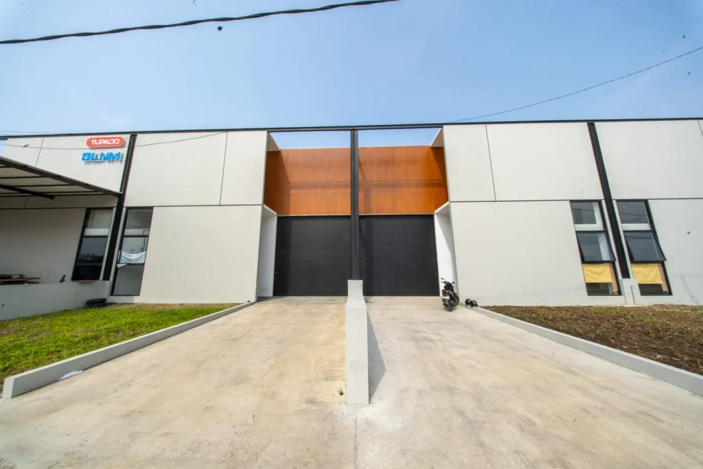 Front view of an industrial warehouse unit for sale at BEST Industrial Estate Bandung