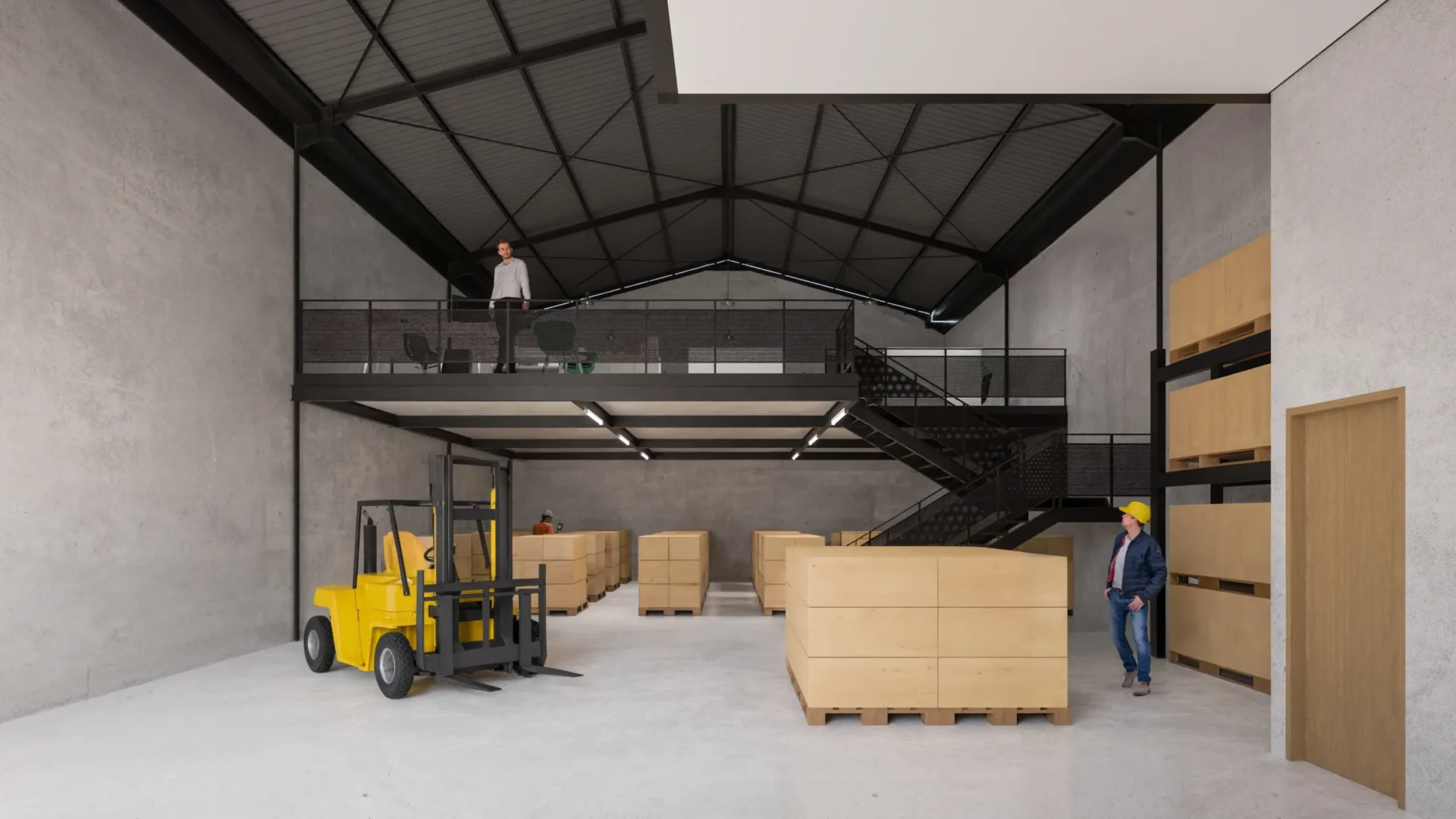 Interior gudang industri BEST dengan forklift, stok barang, dan mezzanine