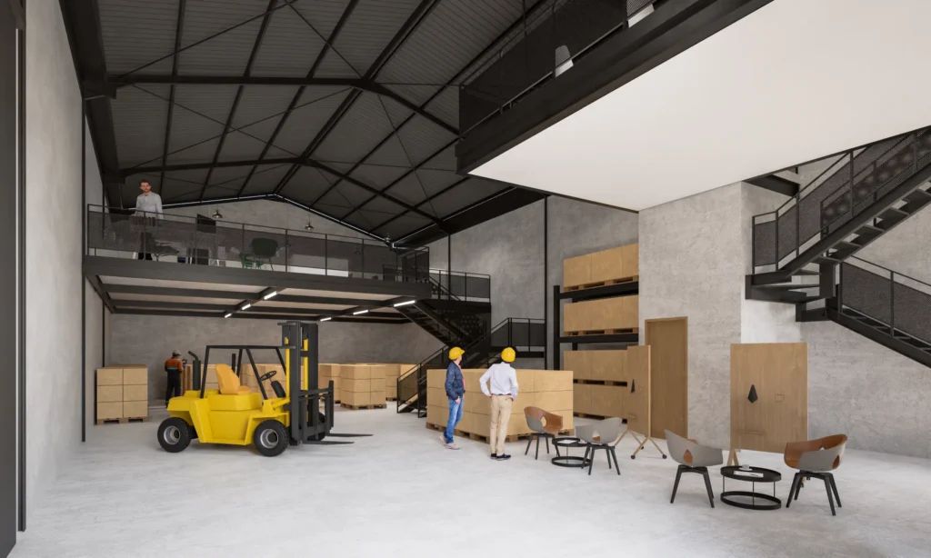 Storage area and mezzanine office inside a BEST Industrial Estate warehouse