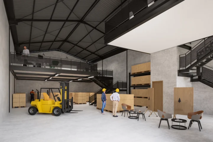 Area penyimpanan dan kantor mezzanine di dalam gudang BEST Industrial Estate