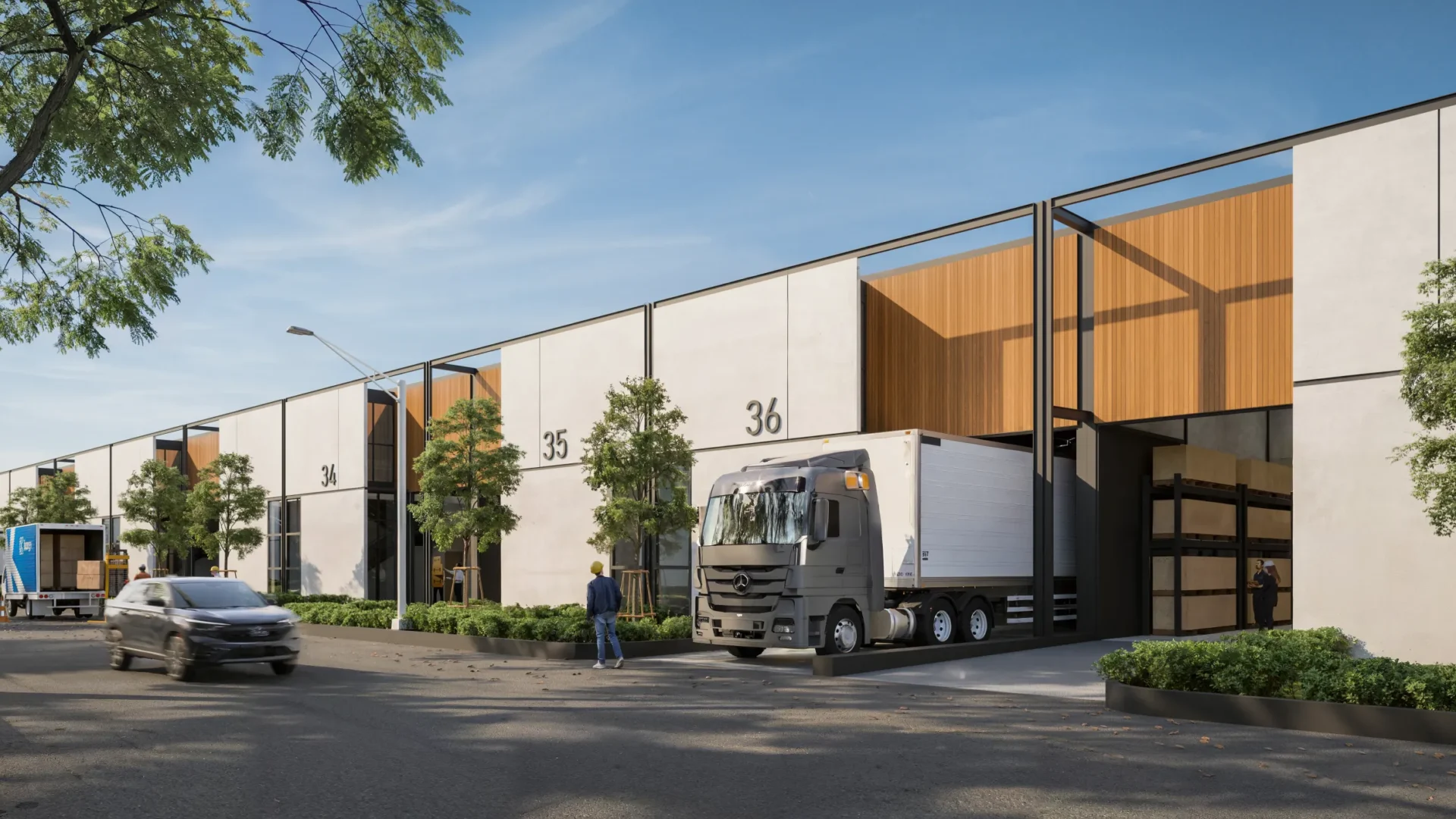 Row of Warehouse XII units at BEST Industrial Estate Bandung with a container truck
